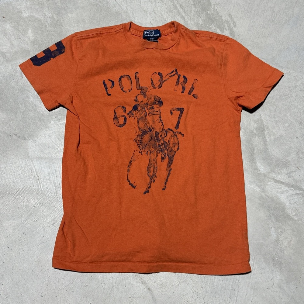 Vintage Boys Youth Polo by Ralph Lauren Orange Big Pony T-SHIRT SZ Small 8